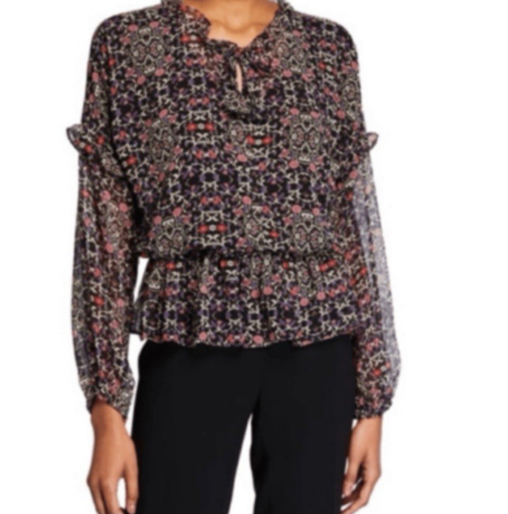 Misa Los Angeles Blouse Black Dark Floral Vera Ruffle Sheer Romantic Size XS New